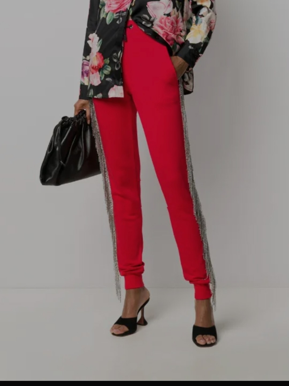 Philipp Plein Red Jogger Pants with Silver Chain Fringe